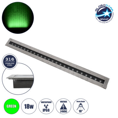 LEDTM® UNDERGROUND-REMVI 90194-G Χωνευτό Φωτιστικό Wall Washer Δαπέδου LED 18W 1440lm 10° DC 24V Αδιάβροχο IP68 L100 x W9 x H7.2cm Πράσινο - Ανοξείδωτο Ατσάλι - 3 Years Warranty
