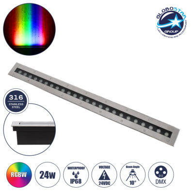 LEDTM® UNDERGROUNDREMVI 90195 Χωνευτή Μπάρα Φωτισμού Wall Washer LED 24W 2040lm 10° DC 24V Αδιάβροχο IP68 Πολύχρωμο RGBW Dimmable DMX512 - Bridgelux SMD Chip - Ανοξείδωτο Ατσάλι SS316 - Μ100 x Π9 x Υ7.2cm / Q98.2 x 7.6cm - 3 Χρόνια Εγγύηση