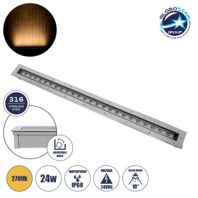 LEDTM® UNDERGROUND-PASSAGGIO 90196 Χωνευτό Φωτιστικό Wall Washer Δαπέδου LED 24W 2160lm 10° DC 24V Αδιάβροχο IP68 με Ρυθμιζόμενη Γωνία Φωτισμού L108 x W9 x H7.5cm Θερμό Λευκό 2700K - Ανοξείδωτο Ατσάλι - 3 Years Warranty