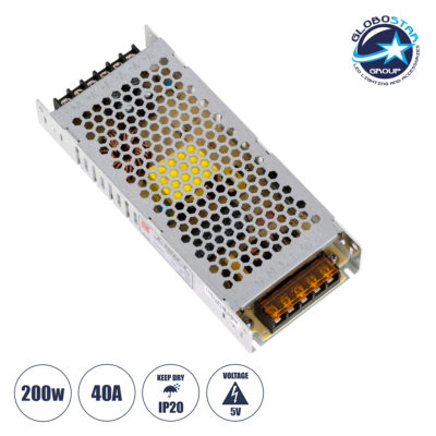 LEDTM® POWERULCO 90236 Τροφοδοτικό/Μετασχηματιστής PELV 200W 40A DC 5V IP20 - AC 220-240V σε DC 5V - Μ19 x Π8 x Υ3cm - 2 Χρόνια Εγγύηση