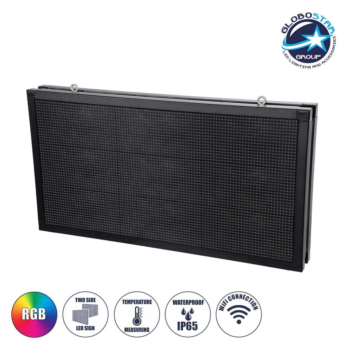 LEDTM® DISPLAY 90299 Κυλιόμενη Ψηφιακή Επιγραφή 96x48cm P10 Διπλής Όψης LED AC 220-240V Αδιάβροχο IP65 RGB - WiFi Control μέσω FK APP - Αισθητήρας Θερμοκρασίας & Υγρασίας - Μ102 x Π11 x Υ54.5cm - 2 Χρόνια Εγγύηση