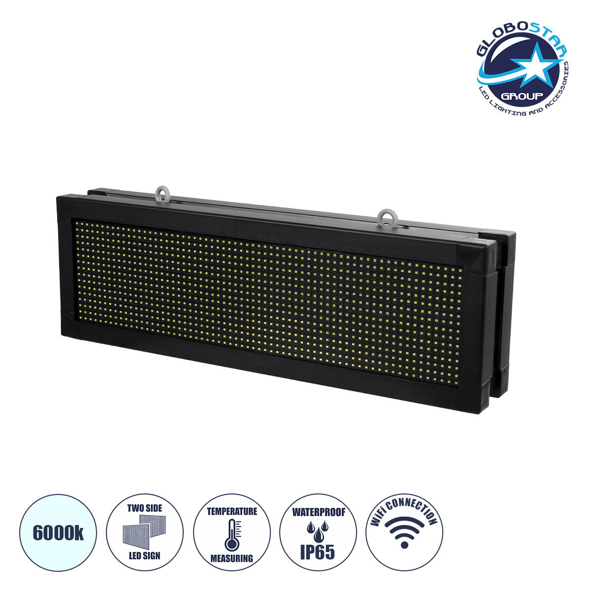 LEDTM® DISPLAY 90316 Κυλιόμενη Ψηφιακή Επιγραφή Διπλής Όψης 64x16cm P10 64x16 Pixel LED 100W AC 220-240V Αδιάβροχο IP65 Ψυχρό Λευκό 6000K - WiFi Control μέσω FK APP - Αισθητήρας Θερμοκρασίας & Υγρασίας - Μ70.5 x Π11 x Υ22.5cm - 2 Χρόνια Εγγύηση