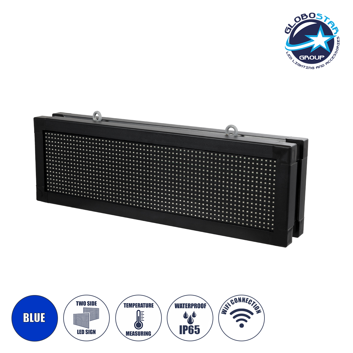 LEDTM® DISPLAY 90318 Κυλιόμενη Ψηφιακή Επιγραφή 64x16cm P10 Διπλής Όψης LED AC 220-240V Αδιάβροχο IP65 Μπλε - WiFi Control μέσω FK APP - Αισθητήρας Θερμοκρασίας & Υγρασίας - Μ70.5 x Π11 x Υ22.5cm - 2 Χρόνια Εγγύηση