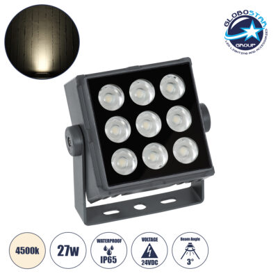 LEDTM® FLOODTINY 90369 Προβολέας Σποτ Wall Washer LED 27W 3105lm 3° DC 24V Αδιάβροχο IP65 Φυσικό Λευκό 4500K Dimmable - Bridgelux SMD Chip - Γκρι Ανθρακί - Μ13.8 x Π16.4 x Υ7cm - 3 Χρόνια Εγγύηση