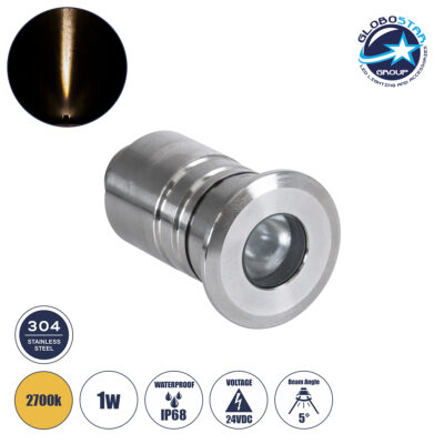 LEDTM® UNDERWATERDANI 90410 Υποβρύχιο Χωνευτό Σποτ για Σιντριβάνια/Πισίνες LED 1W 90lm 5° DC 24V Αδιάβροχο IP68 Θερμό Λευκό 2700K Dimmable - Bridgelux SMD Chip - Ανοξείδωτο Ατσάλι SS304 - Μ3 x Π3 x Υ5cm / Q2.5cm - 3 Χρόνια Εγγύηση