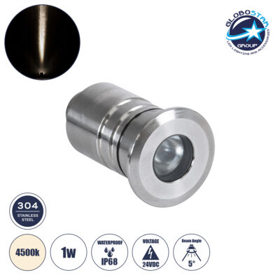 LEDTM® UNDERWATERDANI 90411 Υποβρύχιο Χωνευτό Σποτ για Σιντριβάνια/Πισίνες LED 1W 95lm 5° DC 24V Αδιάβροχο IP68 Φυσικό Λευκό 4500K Dimmable - Bridgelux SMD Chip - Ανοξείδωτο Ατσάλι SS304 - Μ3 x Π3 x Υ5cm / Q2.5cm - 3 Χρόνια Εγγύηση