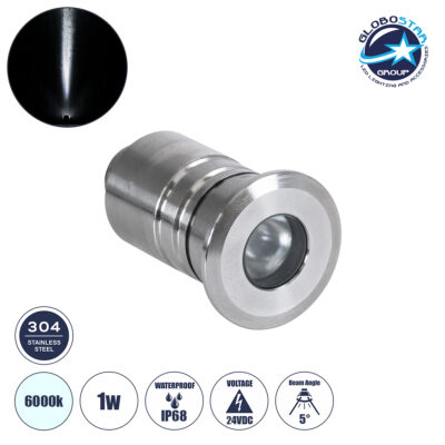 LEDTM® UNDERWATERDANI 90412 Υποβρύχιο Χωνευτό Σποτ για Σιντριβάνια/Πισίνες LED 1W 100lm 5° DC 24V Αδιάβροχο IP68 Ψυχρό Λευκό 6000K Dimmable - Bridgelux SMD Chip - Ανοξείδωτο Ατσάλι SS304 - Μ3 x Π3 x Υ5cm / Q2.5cm - 3 Χρόνια Εγγύηση