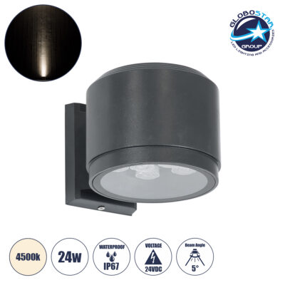 LEDTM® WALLLIGHT-GONA 90484 Μοντέρνο Φωτιστικό Τοίχου - Απλίκα LED 24W 2280lm 5° DC 24V Αδιάβροχο IP67 Φυσικό Λευκό 4500K - CREE COB Chip & TÜV SÜD Driver - Γκρι Ανθρακί Ματ - Μ13 x Π16.5 x Υ5cm - 3 Χρόνια Εγγύηση
