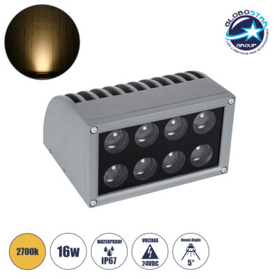 LEDTM® FLOOD-DENA 90485 Επιτοίχιος Προβολέας Wall Washer για Φωτισμό Κτιρίων - Απλίκα & Δαπέδου LED 16W 1440lm 5° DC 24V Αδιάβροχο IP67 Μ15.5 x Π13 x Υ9.1cm Θερμό Λευκό 2700K - Γκρι Ανθρακί - 3 Years Warranty