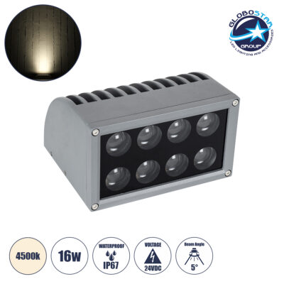 LEDTM® FLOOD-DENA 90486 Επιτοίχιος Προβολέας Wall Washer για Φωτισμό Κτιρίων - Απλίκα & Δαπέδου LED 16W 1520lm 5° DC 24V Αδιάβροχο IP67 Μ15.5 x Π13 x Υ9.1cm Φυσικό Λευκό 4500K - Γκρι Ανθρακί - 3 Years Warranty
