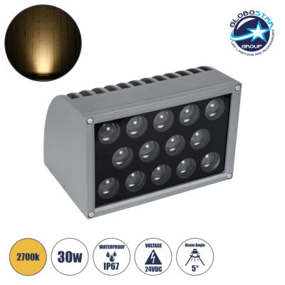 LEDTM® FLOOD-DENA 90487 Επιτοίχιος Προβολέας Wall Washer για Φωτισμό Κτιρίων - Απλίκα & Δαπέδου LED 30W 2700lm 5° DC 24V Αδιάβροχο IP67 Μ18.5 x Π13 x Υ12cm Θερμό Λευκό 2700K - Γκρι Ανθρακί - 3 Years Warranty