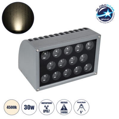 LEDTM® FLOOD-DENA 90488 Επιτοίχιος Προβολέας Wall Washer για Φωτισμό Κτιρίων - Απλίκα & Δαπέδου LED 30W 2850lm 5° DC 24V Αδιάβροχο IP67 Μ18.5 x Π13 x Υ12cm Φυσικό Λευκό 4500K - Γκρι Ανθρακί - 3 Years Warranty