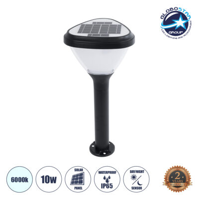 LEDTM® SOLARMIS 90521 Φωτιστικό Κολωνάκι Κήπου LED 10W 180lm 120° με Ενσωματωμένο Φωτοβολταϊκό Panel 6V 5W & Επαναφορτιζόμενη Μπαταρία Li-ion 3.2V 6000mAh με Αισθητήρα Ημέρας-Νύχτας Αδιάβροχο IP65 Ψυχρό Λευκό 6000K - Μαύρο - Μ26 x Π26 x Υ60cm - 2 Χρόνια Εγγύηση