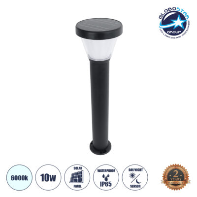 LEDTM® SOLARDIS 90523 Φωτιστικό Κολωνάκι Κήπου LED 10W 180lm 120° με Ενσωματωμένο Φωτοβολταϊκό Panel 6V 5W & Επαναφορτιζόμενη Μπαταρία Li-ion 3.2V 6000mAh με Αισθητήρα Ημέρας-Νύχτας Αδιάβροχο IP65 Ψυχρό Λευκό 6000K - Μαύρο - Μ24 x Π24 x Υ88cm - 2 Χρόνια Εγγύηση