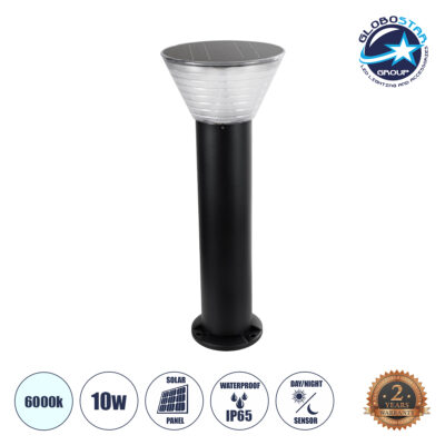 LEDTM® VEGGIE 90525 Φωτιστικό Κολωνάκι Κήπου LED 10W 500lm 120° με Ενσωματωμένο Φωτοβολταϊκό Panel 6V 2W & Επαναφορτιζόμενη Μπαταρία Li-ion 3.2V 1800mAh με Αισθητήρα Ημέρας-Νύχτας Αδιάβροχο IP65 Ψυχρό Λευκό 6000K - Sanan SMD Chip - Μαύρο- Μ23 x Π23 x Υ60cm - 2 Χρόνια Εγγύηση