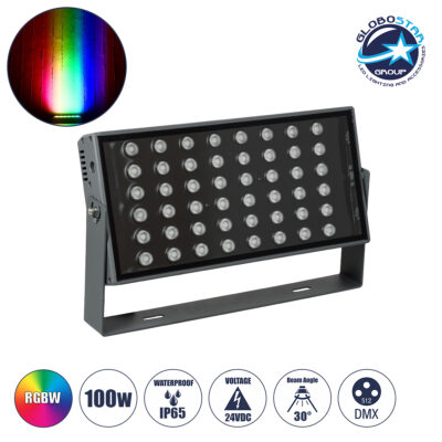 LEDTM® FLOODZANA 90559 Προβολέας Σποτ Wall Washer LED 100W 8000lm 30° DC 24V Αδιάβροχο IP65 Πολύχρωμο RGBW Dimmable DMX512 - Bridgelux SMD Chip - Γκρι Ανθρακί - Μ45.5 x Π28 x Υ10cm - 3 Χρόνια Εγγύηση
