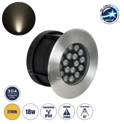 LEDTM® UNDERGROUND-SINA 90571 Χωνευτό Φωτιστικό Σποτ Δαπέδου LED 18W 1620lm 15° DC 24V Αδιάβροχο IP68 Φ20 x Υ11cm Θερμό Λευκό 2700K - Ανοξείδωτο Ατσάλι - 3 Χρόνια Εγγύηση