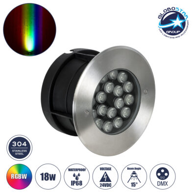 LEDTM® UNDERGROUND-SINA 90573 Χωνευτό Φωτιστικό Σποτ Δαπέδου LED 18W 1530lm 15° DC 24V Αδιάβροχο IP68 Φ20 x Υ11cm RGBW DMX512 - Ανοξείδωτο Ατσάλι - 3 Χρόνια Εγγύηση