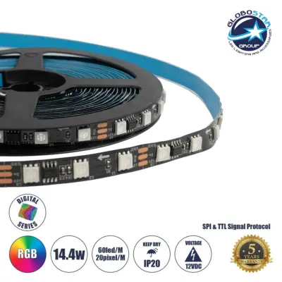 LEDTM® DIGIPRO 90589 Ψηφιακή Pixel Addressable Ταινία LED 14.4W/m 864lm/m 120° DC 12V IP20 60 x SMD5050 Chip/m 20 x Pixel/m Πολύχρωμο RGB Dimmable SPI/TTL Protocol IC WS2811/UCS16703 - Sanan SMD Chip - Μ500 x Π1 x Υ0.2cm - Ρολό 5 Μέτρων - 5 Χρόνια Εγγύηση
