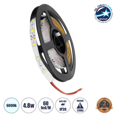 LEDTM® AVILA 90590 Ταινία LED 4.8W/m 300lm/m 120° DC 12V IP20 60 x SMD3528 Chip/m Ψυχρό Λευκό 6000K Dimmable - Sanan SMD Chip - Μ500 x Π0.7 x Υ0.2cm - Ρολό 5 Μέτρων - 2 Χρόνια Εγγύηση