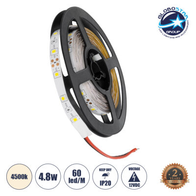 LEDTM® AVILA 90591 Ταινία LED 4.8W/m 280lm/m 120° DC 12V IP20 60 x SMD3528 Chip/m Φυσικό Λευκό 4500K Dimmable - Sanan SMD Chip - Μ500 x Π0.7 x Υ0.2cm - Ρολό 5 Μέτρων - 2 Χρόνια Εγγύηση