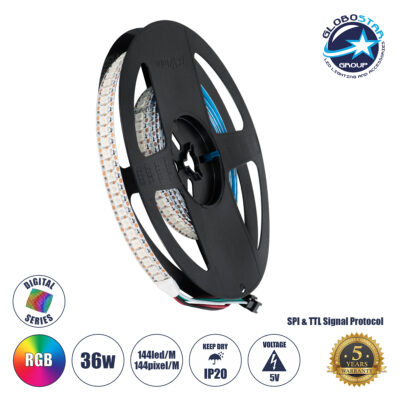 LEDTM® DIGIPRO 90597 Ψηφιακή Pixel Addressable Ταινία LED 36W/m 2160lm/m 120° DC 5V IP20 144 x SMD5050 Chip/m 144 x Pixel/m Πολύχρωμο RGB Dimmable SPI/TTL Protocol IC WS2812/SK6812 - Sanan SMD Chip - Μ200 x Π1.2 x Υ0.2cm - Ρολό 2 Μέτρων - 5 Χρόνια Εγγύηση