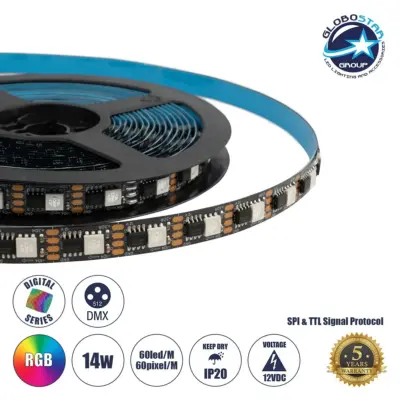 LEDTM® DIGIPRO 90604 Ψηφιακή Pixel Addressable Ταινία LED 14.4W/m 864lm/m 120° DC 12V IP20 60 x SMD5050 Chip/m 60 x Pixel/m Πολύχρωμο RGB Dimmable SPI/TTL Protocol IC TM1812 - Sanan SMD Chip - Μ500 x Π1 x Υ0.2cm - Ρολό 5 Μέτρων - 5 Χρόνια Εγγύηση