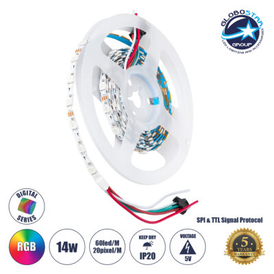 LEDTM® DIGIPRO 90606 Ψηφιακή Pixel Addressable Ταινία LED 14.4W/m 864lm/m 120° DC 5V IP20 60 x SMD5050 Chip/m 20 x Pixel/m Πολύχρωμο RGB Dimmable SPI/TTL Protocol IC WS2812/SK6812 - Sanan SMD Chip - Μ200 x Π0.6 x Υ0.2cm - Ρολό 2 Μέτρων - 5 Χρόνια Εγγύηση
