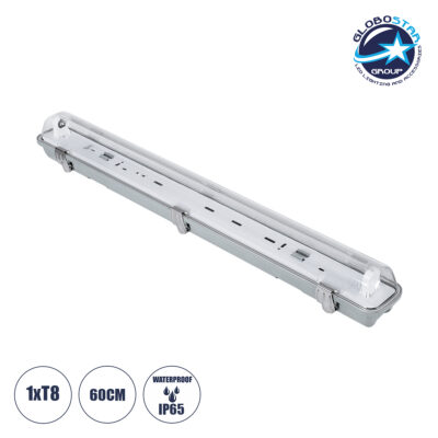 LEDTM® VIGAS 90610 Γραμμικό Βιομηχανικό Φωτιστικό Σκαφάκι Tri-Proof με Μεταλλικά Clips για 1 x Λάμπα T8 G13 60cm Τύπου Φθορίου LED Τροφοδοσίας Ενός Άκρου 120° AC 220-240V Αδιάβροχο IP65 - Γκρι με Διάφανο Κάλυμμα Πλαστικό PC - Μ66 x Π8 x Υ8cm