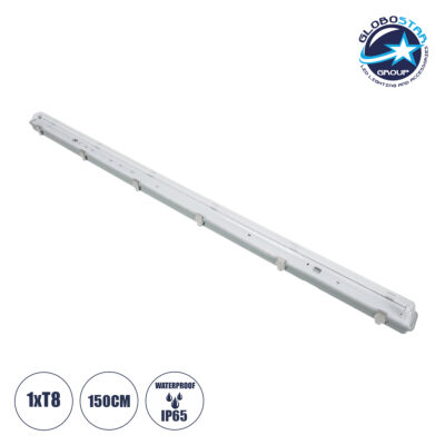 LEDTM® VIGAS 90614 Γραμμικό Βιομηχανικό Φωτιστικό Σκαφάκι Tri-Proof με Μεταλλικά Clips για 1 x Λάμπες T8 G13 150cm Τύπου Φθορίου LED Τροφοδοσίας Ενός Άκρου 120° AC 220-240V Αδιάβροχο IP65 - Γκρι με Διάφανο Κάλυμμα Πλαστικό PC - Μ156 x Π8 x Υ9cm