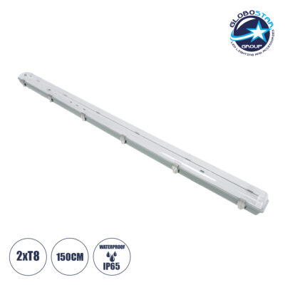LEDTM® VIGAS 90615 Γραμμικό Βιομηχανικό Φωτιστικό Σκαφάκι Tri-Proof με Μεταλλικά Clips για 2 x Λάμπες T8 G13 150cm Τύπου Φθορίου LED Τροφοδοσίας Ενός Άκρου 120° AC 220-240V Αδιάβροχο IP65 - Γκρι με Διάφανο Κάλυμμα Πλαστικό PC - Μ156 x Π12 x Υ9cm