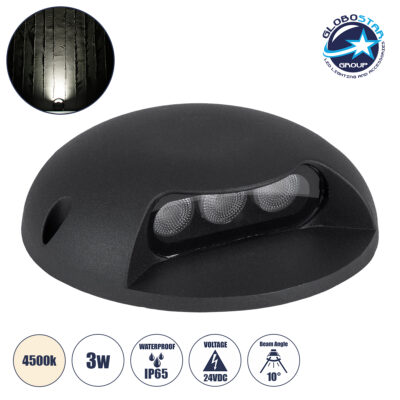 LEDTM® STEPLUNA 90617 Φωτιστικό Σκαλοπατιού / Διαδρόμου LED 3W 345lm 10° DC 24V Αδιάβροχο IP65 Φυσικό Λευκό 4500K Dimmable - Bridgelux SMD Chip - Μαύρο Ματ - Μ12 x Π12 x Υ3cm - 3 Χρόνια Εγγύηση