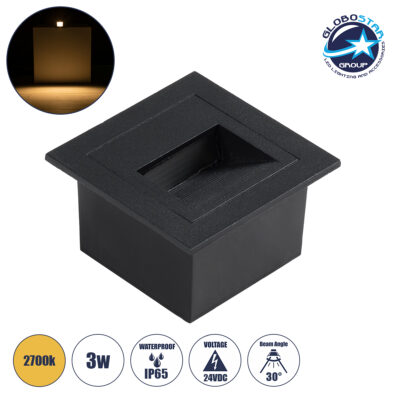 LEDTM® STEP-MINA 90625 Χωνευτό Αρχιτεκτονικό Φωτιστικό Διαδρόμου/Σκαλοπατιού LED 3W 330lm 30° DC 24V Αδιάβροχο IP65 Θερμό Λευκό 2700K Dimmable - Μαύρο - Μ8.3 x Π8.3 x Υ5cm / Q6.6cm - 3 Χρόνια Εγγύηση