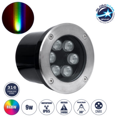LEDTM® UNDERGROUND-TINA 90666 Χωνευτό Φωτιστικό Σποτ Δαπέδου LED 9W 945lm 30° DC 24V Αδιάβροχο IP65 Φ12 x Υ9cm Πολύχρωμο RGBW DMX512 - Ανοξείδωτο Ατσάλι - 3 Years Warranty