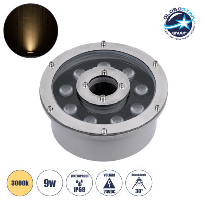LEDTM® UNDERWATER-FINA 90674 Υποβρύχιος Προβολέας Σποτ για Σιντριβάνια/Πισίνες LED 9W 990lm 30° DC 24V Αδιάβροχο IP68 Θερμό Λευκό 2700K Dimmable - Ανοξείδωτο Ατσάλι 304 - Φ16 x Υ8cm - 3 Χρόνια Εγγύηση