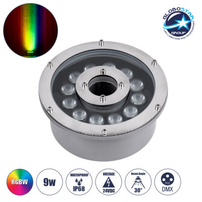 LEDTM® UNDERWATER-FINA 90675 Υποβρύχιος Προβολέας Σποτ για Σιντριβάνια/Πισίνες LED 9W 945lm 30° DC 24V Αδιάβροχο IP68 RGBW DMX512 Dimmable - Ανοξείδωτο Ατσάλι 304 - Φ16 x Υ8cm - 3 Χρόνια Εγγύηση