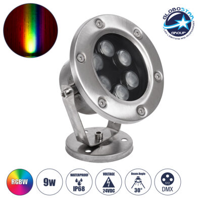 LEDTM® UNDERWATER-DINA 90677 Υποβρύχιος Προβολέας Σποτ για Σιντριβάνια/Πισίνες LED 9W 945lm 30° DC 24V Αδιάβροχο IP68 RGBW DMX512 Dimmable - Ανοξείδωτο Ατσάλι 304 - Μ12 x Π12 x Υ14cm - 3 Χρόνια Εγγύηση