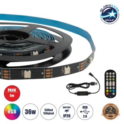 LEDTM® DIGISTRIP 90757 Σετ Ψηφιακής Pixel Addressable Ταινίας με IR Ασύρματο Χειριστήριο LED 36W 2160lm 120° DC 5V με USB 2.0 IP20 150 x SMD5050 Chip 150 x Pixel Πολύχρωμο RGB Dimmable SPI/TTL Protocol - Sanan SMD Chip - Μ500 x Π1 x Υ0.2cm - Ρολό 5 Μέτρων - 2 Χρόνια Εγγύηση