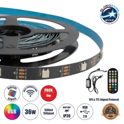 LEDTM® DIGISTRIP 90758 Σετ Ψηφιακής Pixel Addressable Ταινίας με RF Ασύρματο Χειριστήριο & Λειτουργία μέσω WiFi APP LED 36W/5m 2880lm/5m 120° DC 5V με USB 2.0 IP20 150 x SMD5050 Chip/5m 150 x Pixel/5m Πολύχρωμο RGB Dimmable SPI/TTL Protocol - Sanan SMD Chip - Μ500 x Π1 x Υ0.2cm - Ρολό 5 Μέτρων - 5 Χρόνια Εγγύηση