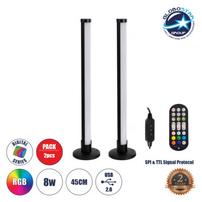 LEDTM® DIGICOLUMN 90760 Μοντέρνο Επιτραπέζιο Φωτιστικό LED 16W 1280lm 180° DC 5V IP20 RGB Dimmable - Lumileds SMD Chip - Μαύρο - Μ3 x Π3 x Υ45cm - Σετ 2 Τεμαχίων - 2 Χρόνια Εγγύηση