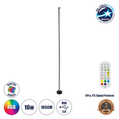 LEDTM® DIGICOLUMN 90764 Μοντέρνο Επιδαπέδιο Γραμμικό Ψηφιακό Φωτιστικό Digital Pixel Symphony Bar με RF Ασύρματο Χειριστήριο LED 16W 1280lm 180° DC 5V με USB 2.0 IP20 Πολύχρωμο RGB Dimmable - Μαύρο - Φ3 x Υ165cm - 2 Χρόνια Εγγύηση