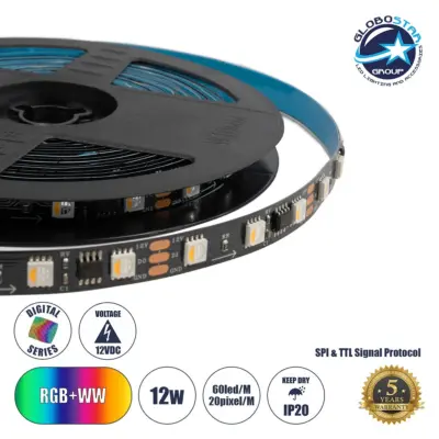 LEDTM® DIGIPRO 90773 Ψηφιακή Pixel Addressable Ταινία LED 12W/m 1080lm/m 120° DC 12V IP20 60 x SMD5050 Chip/m 20 x Pixel/m Πολύχρωμο RGB+WW Dimmable SPI/TTL Protocol IC TM1814/UCS1912/UCS2912 - Sanan SMD Chip - Μ500 x Π1 x Υ0.2cm - Ρολό 5 Μέτρων - 5 Χρόνια Εγγύηση
