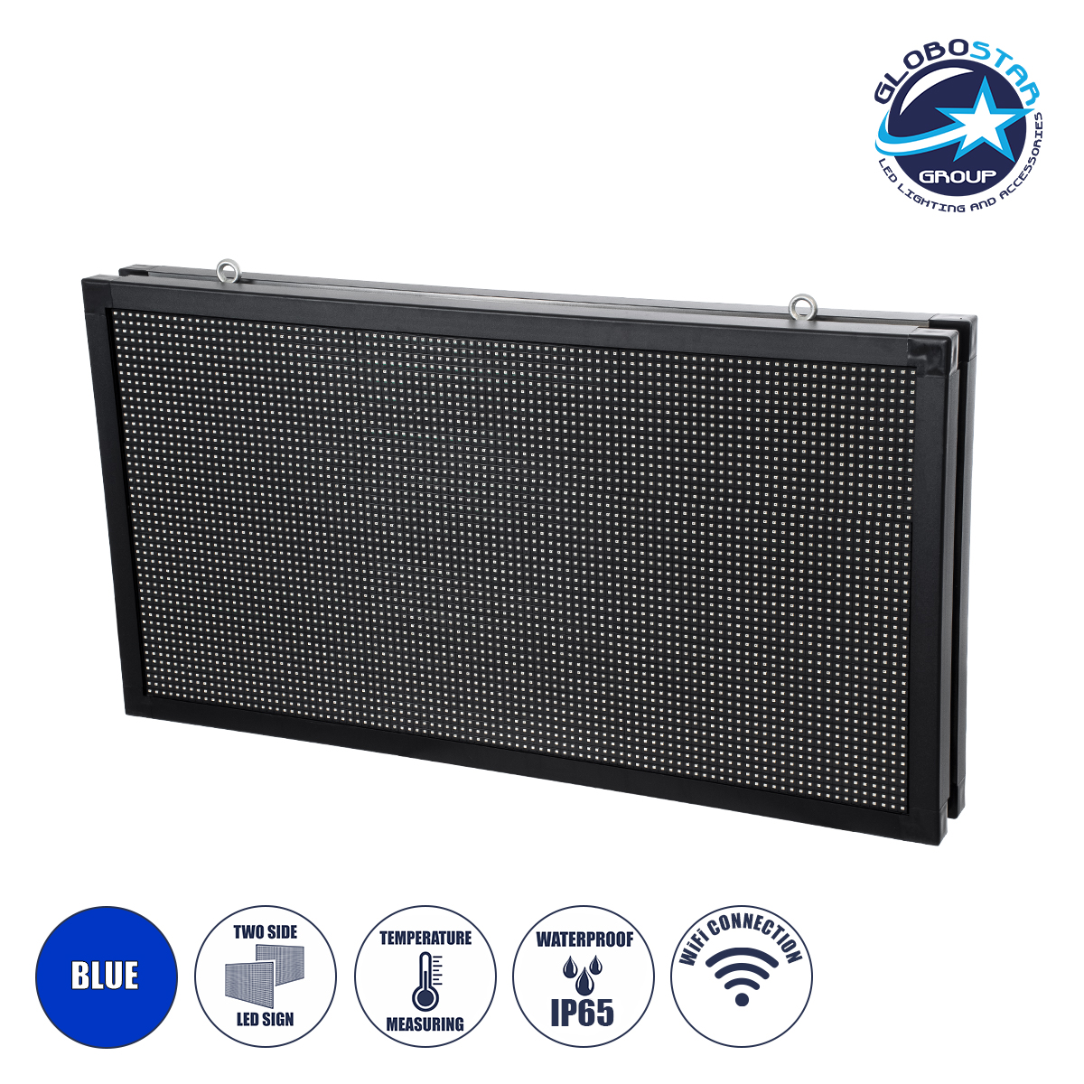 LEDTM® DISPLAY 90814 Κυλιόμενη Ψηφιακή Επιγραφή 96x48cm P10 Διπλής Όψης LED AC 220-240V Αδιάβροχο IP65 Μπλε - WiFi Control μέσω FK APP - Αισθητήρας Θερμοκρασίας & Υγρασίας - Μ102 x Π11 x Υ54.5cm - 2 Χρόνια Εγγύηση