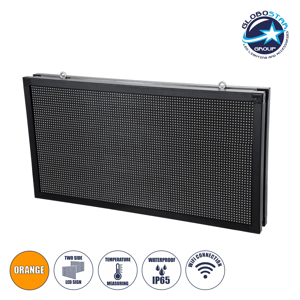 LEDTM® DISPLAY 90815 Κυλιόμενη Ψηφιακή Επιγραφή 96x48cm P10 Διπλής Όψης LED AC 220-240V Αδιάβροχο IP65 Πορτοκαλί - WiFi Control μέσω FK APP - Αισθητήρας Θερμοκρασίας & Υγρασίας - Μ102 x Π11 x Υ54.5cm - 2 Χρόνια Εγγύηση