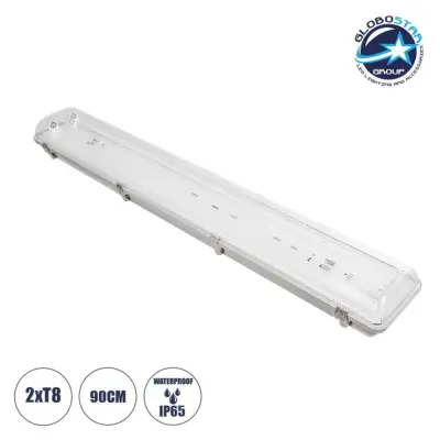 LEDTM® VIGAS 999-0250 Γραμμικό Βιομηχανικό Φωτιστικό Σκαφάκι Tri-Proof με Μεταλλικά Clips για 2 x Λάμπες T8 G13 90cm Τύπου Φθορίου LED Τροφοδοσίας Ενός Άκρου 120° AC 220-240V Αδιάβροχο IP65 - Γκρι με Διάφανο Κάλυμμα Πλαστικό PC - Μ100 x Π15 x Υ10cm