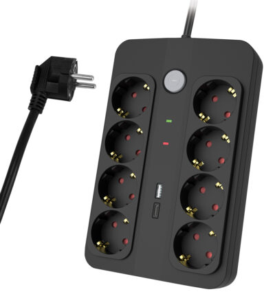 LEDTM πολύπριζο ασφαλείας PT-1535, 8 θέσεων, με USB & USB-C θύρες, 16A, 1.5m, μαύρο