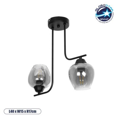 LEDTM® GLOSSA 201-0091 Vintage Φωτιστικό Οροφής με Ντουί 2 x E27 AC 220-240V IP20 - Μαύρο & Μαύρο Φιμέ - Μ40 x Π15 x Υ17cm