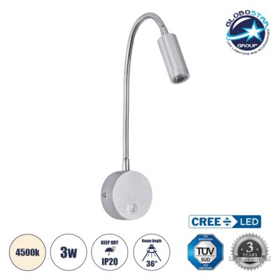 LEDTM® GOOSE 60879 Μοντέρνο Φωτιστικό Τοίχου - Απλίκα Ξενοδοχείου Reading Light LED 3W 300lm 36° AC 220-240V IP20 Φυσικό Λευκό 4500K - CREE XPE Chip & TÜV SÜD Driver - Νίκελ Βούρτσας - Μ6.5 x Π15 x Υ24.5cm - 3 Χρόνια Εγγύηση