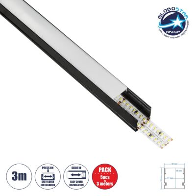 LEDTM® ALP-LINEAR GLOWTRACK 61797-3M Επιφανειακό Προφίλ Αλουμινίου με Λευκό Γαλακτερό Πατητό Κάλυμμα για Ταινίες LED IP20 - Μαύρο Ματ - Μ300 x Π2 x Υ2cm - Πακέτο 5 Τεμαχίων