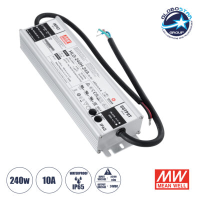 LEDTM® MEANWELL-HLG240H-24A 90793 Τροφοδοτικό/Μετασχηματιστής SELV 240W 10A DC 24V Αδιάβροχο IP65 - AC 220-240V σε DC 24V / Ρυθμιζόμενο από 22.4VDC έως 25.6VDC - Μ24.4 x Π6.8 x Υ3.88cm - 3 Χρόνια Εγγύηση